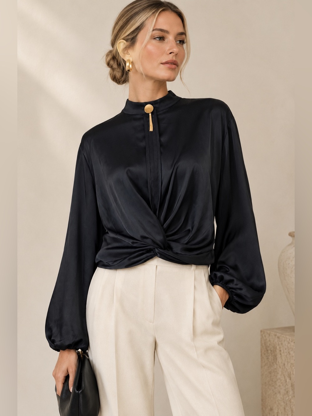 Gracia Barcelona Navy Blue Satin Twist Front Blouse size Medium